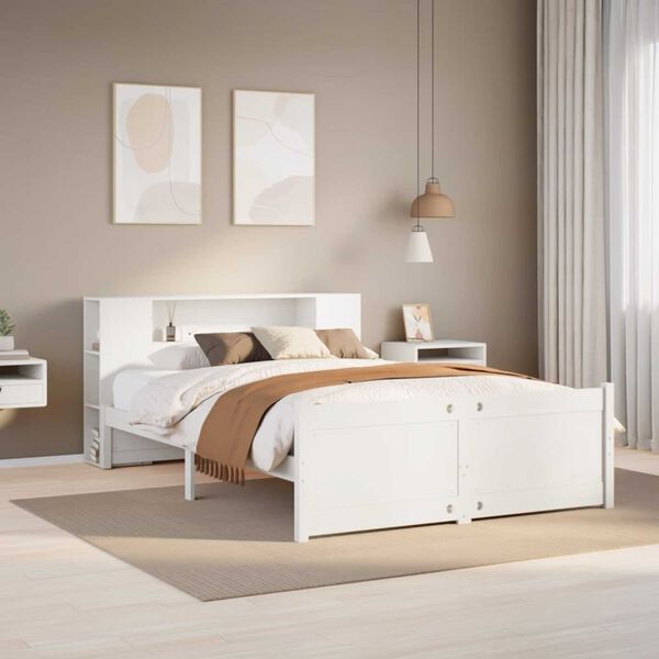 vidaXL Cama con estanter&iacute;a sin colch&oacute;n madera maciza blanca 140x190 cm