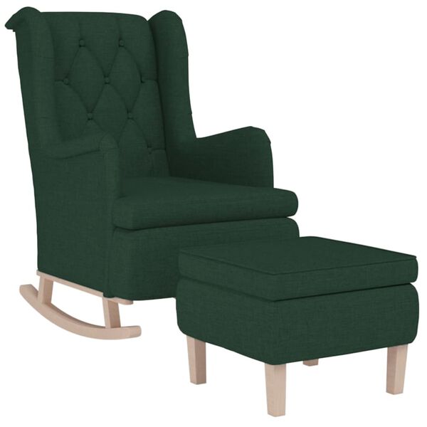 vidaXL Sill&oacute;n con patas mecedoras y taburete de tela verde oscuro