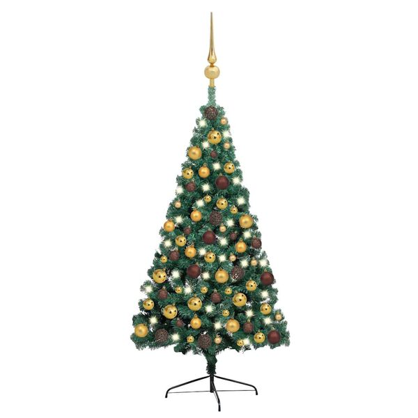 vidaXL Medio &aacute;rbol de Navidad con luces y bolas verde 150 cm