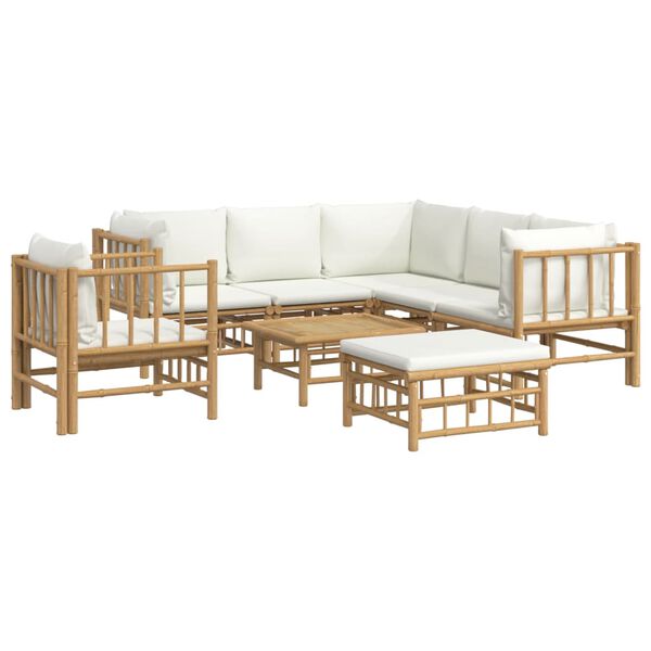 vidaXL Set de muebles de jardín 8 piezas bambú y cojines blanco crema
