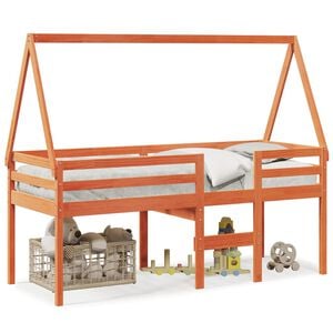 vidaXL Cama alta con techo madera maciza de pino marr&oacute;n cera 90x200 cm