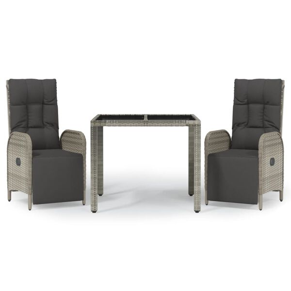 vidaXL Set comedor de jard&iacute;n 3 piezas con cojines rat&aacute;n sint&eacute;tico gris