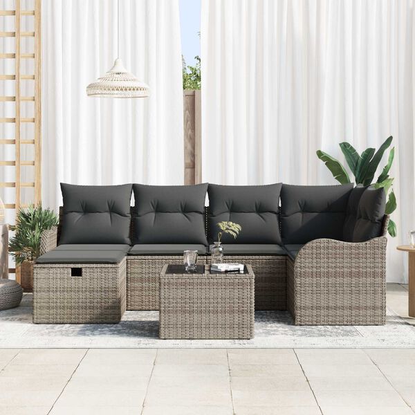 vidaXL Conjunto de sof&aacute; de jard&iacute;n con coj&iacute;n 7 pcs Gris Polirat&aacute;n