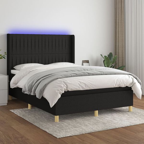 vidaXL Cama box spring colch&oacute;n y luces LED tela negro 140x190 cm