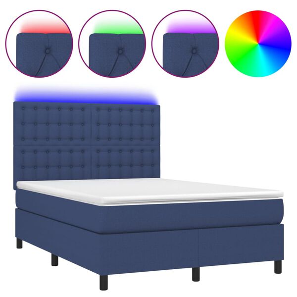 vidaXL Cama box spring colch&oacute;n y luces LED tela azul 140x200 cm