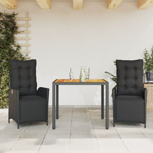 vidaXL Set comedor de jardín 3 pzas con cojines ratán sintético negro