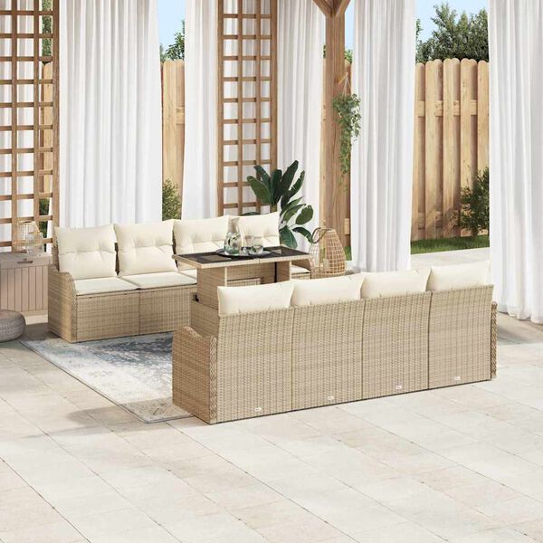 vidaXL Conjunto de sof&aacute; de jard&iacute;n con coj&iacute;n 9 pcs Beige Polirat&aacute;n
