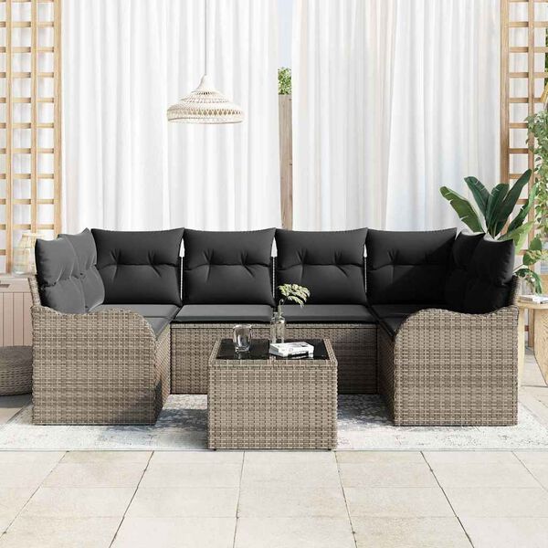 vidaXL Conjunto de sof&aacute; de jard&iacute;n 7 pcs Gris Polirat&aacute;n, Acero y Vidrio