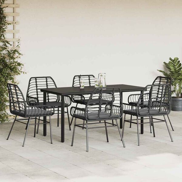 vidaXL Set de comedor de jard&iacute;n 7 piezas cojines rat&aacute;n sint&eacute;tico negro