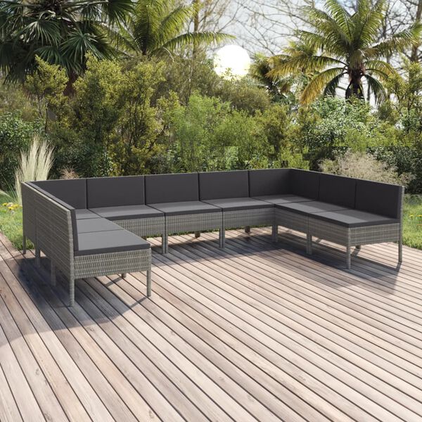 vidaXL Set de muebles de jard&iacute;n 9 pzas y cojines rat&aacute;n sint&eacute;tico gris
