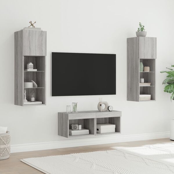 vidaXL Muebles de TV de pared con luces LED 4 piezas gris Sonoma