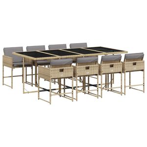 vidaXL Set comedor de jard&iacute;n 9 pzas con cojines rat&aacute;n sint&eacute;tico beige