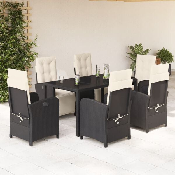 vidaXL Set de comedor de jard&iacute;n 7 pzas y cojines rat&aacute;n sint&eacute;tico negro