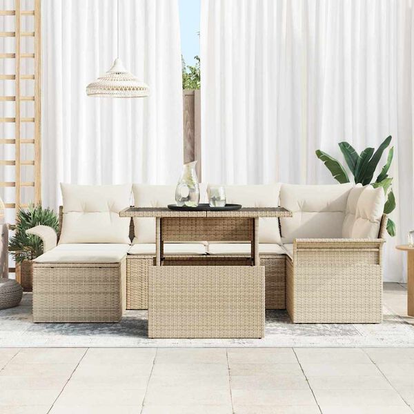 vidaXL Conjunto de sof&aacute; de jard&iacute;n con coj&iacute;n 7 pcs Beige Polirat&aacute;n