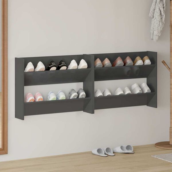 vidaXL Zapateros de pared 2 uds contrachapada gris brillo 80x18x60 cm