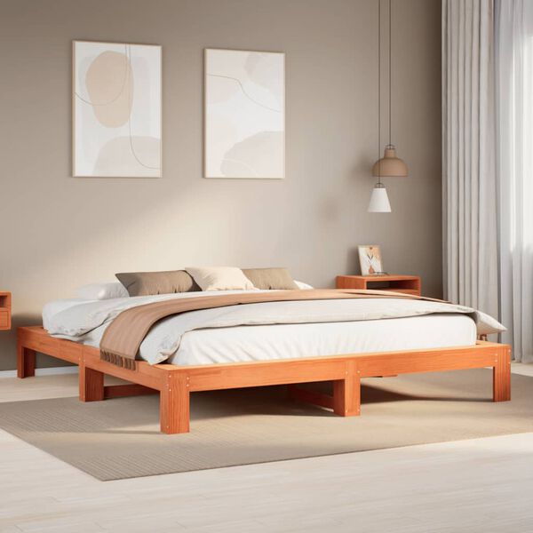 vidaXL Cama sin colch&oacute;n madera maciza de pino marr&oacute;n cera 200x200 cm
