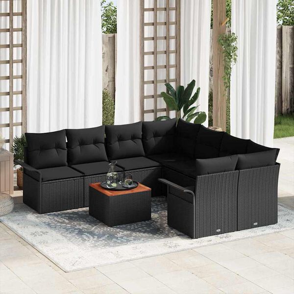 vidaXL Conjunto de sof&aacute;s de jard&iacute;n 9 pcs Negro rat&aacute;n sint&eacute;tico