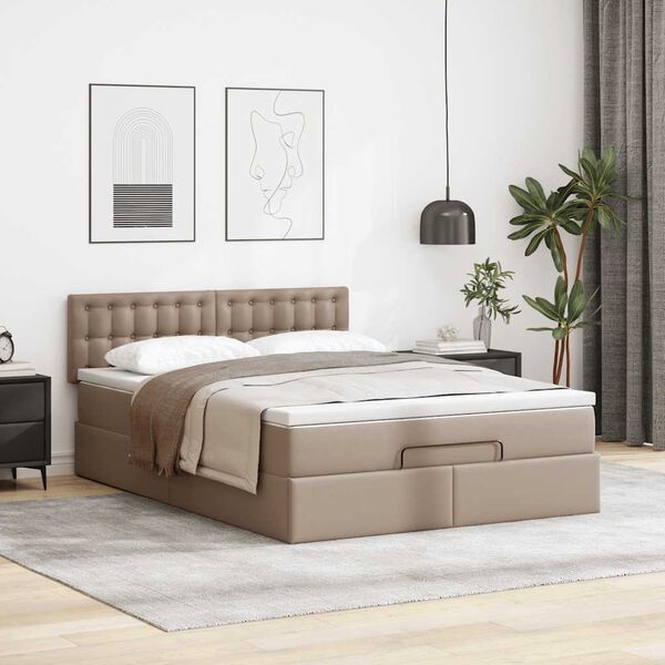 vidaXL Cama otomana colchón y LED cuero sintético capuchino 140x190cm