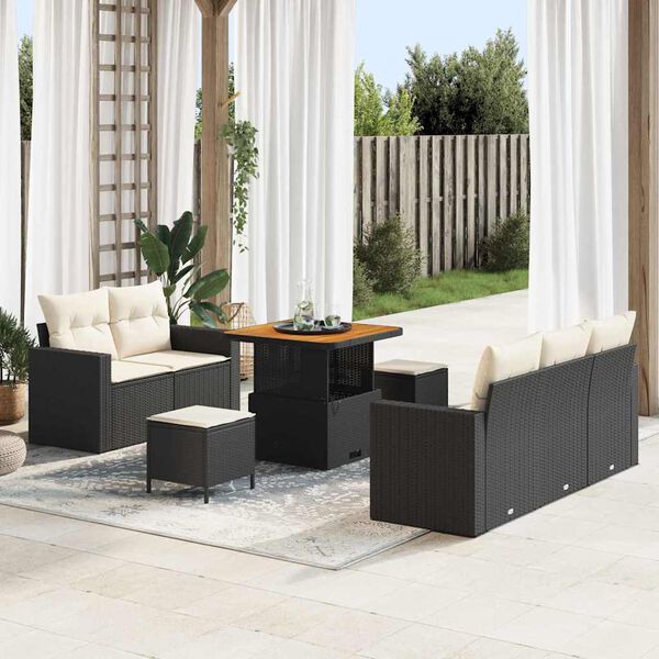 vidaXL Conjunto de sof&aacute; de jard&iacute;n 8 pcs Negro y crema rat&aacute;n sint&eacute;tico