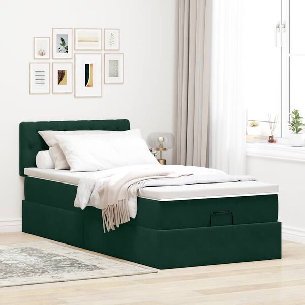 vidaXL Estructura de cama otomana con colch&oacute;n terciopelo verde oscuro