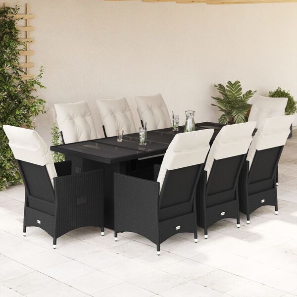 vidaXL Set de mesa y sillas de jard&iacute;n 9 pzas y cojines rat&aacute;n PE negro
