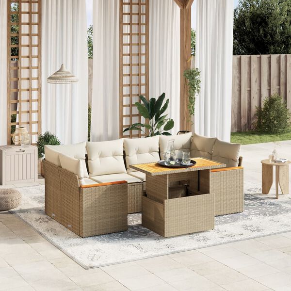 vidaXL Set sof&aacute;s de jard&iacute;n 7 piezas y cojines rat&aacute;n sint&eacute;tico beige