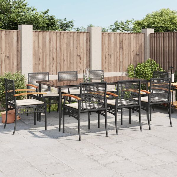 vidaXL Set de comedor de jard&iacute;n 9 pzas y cojines rat&aacute;n sint&eacute;tico negro