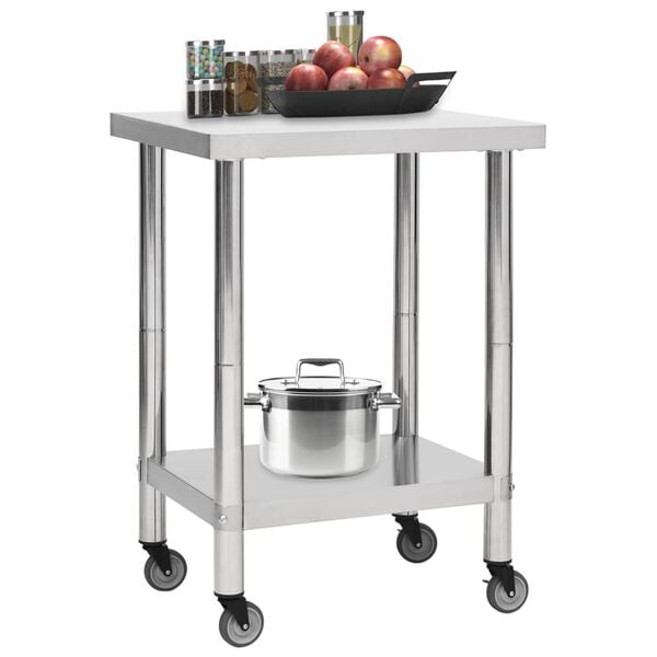 vidaXL Mesa de trabajo para cocina con ruedas acero inox 60x45x85 cm