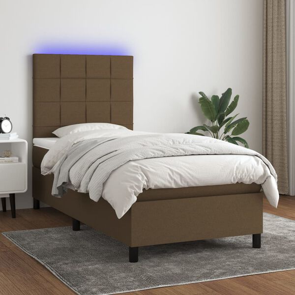 vidaXL Cama box spring colch&oacute;n luces LED tela marr&oacute;n oscuro 100x200cm