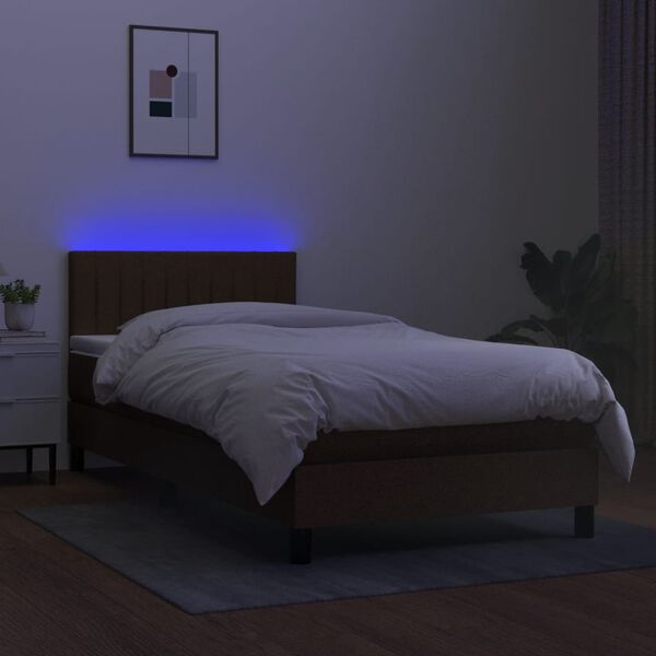 vidaXL Cama box spring colch&oacute;n y luces LED tela marr&oacute;n oscuro 90x200cm