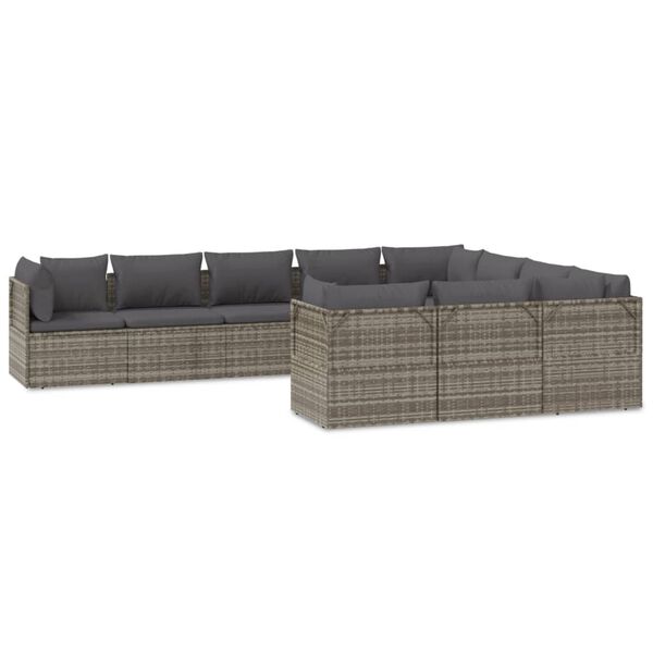 vidaXL Set de muebles de jard&iacute;n 10 pzas y cojines rat&aacute;n sint&eacute;tico gris