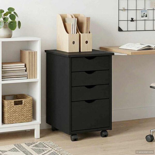 vidaXL Gabinete rodante Negro 34 x 39 x 56 cm Madera de Pino Macizo