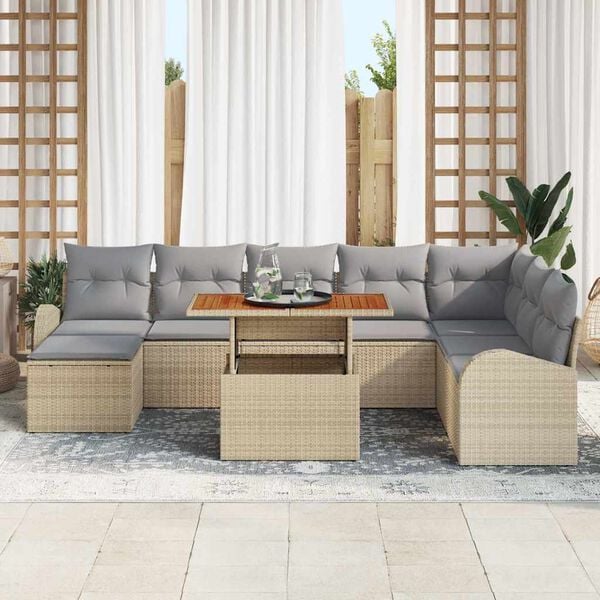 vidaXL Conjunto de sof&aacute; de jard&iacute;n 9 pcs Beige Polirat&aacute;n