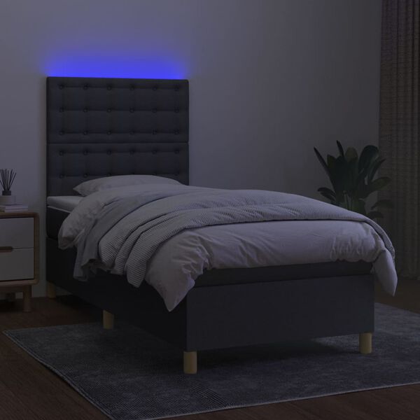 vidaXL Cama box spring colch&oacute;n y luces LED tela gris oscuro 90x200 cm