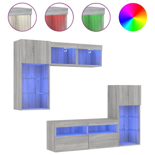 vidaXL Muebles TV pared con LED 5 pzas madera ingeniería gris Sonoma