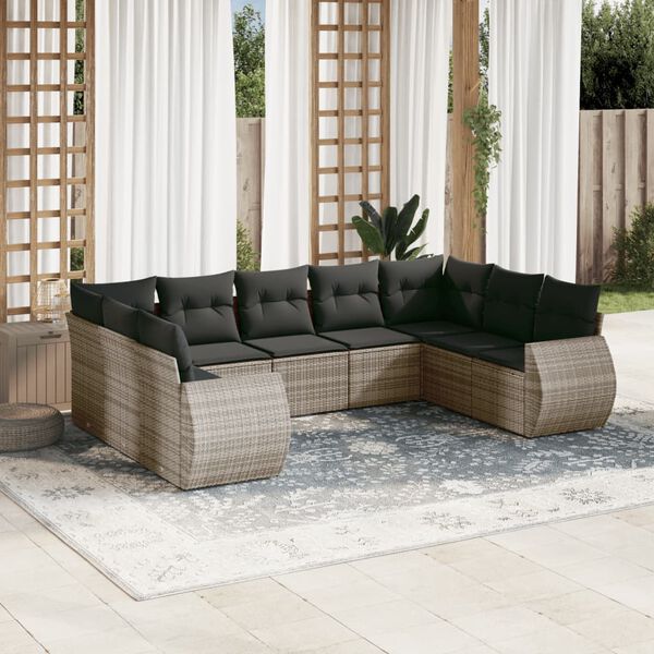 vidaXL Set de muebles de jard&iacute;n 9 pzas y cojines rat&aacute;n sint&eacute;tico gris