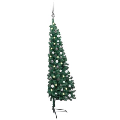 vidaXL Medio árbol de Navidad con luces y bolas verde 180 cm