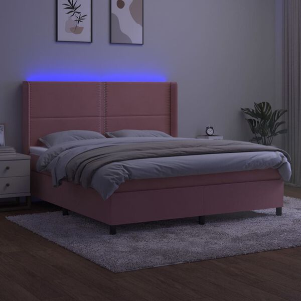 vidaXL Cama box spring colch&oacute;n y LED terciopelo rosa 180x200 cm