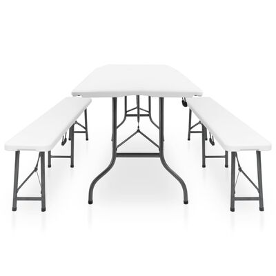 vidaXL Mesa de jardín plegable con 2 bancos acero y HDPE blanco 180 cm