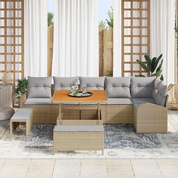 vidaXL Conjunto de sof&aacute; de jard&iacute;n con coj&iacute;n 9 pcs Beige y Gris Claro