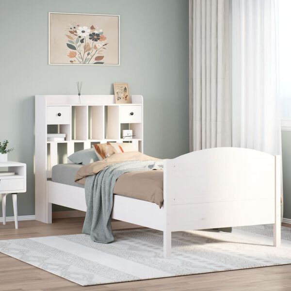 vidaXL Cama con estanter&iacute;a sin colch&oacute;n madera maciza blanco 90x200 cm