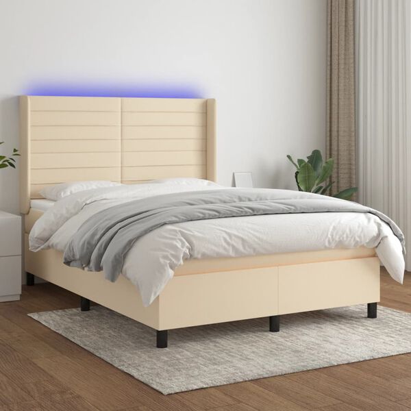 vidaXL Cama box spring colch&oacute;n y luces LED tela crema 140x190 cm