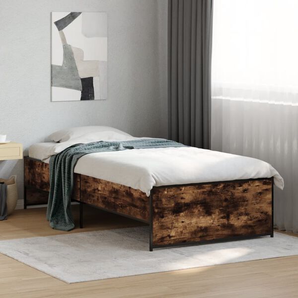 vidaXL Estructura cama madera ingenier&iacute;a metal roble humo 100x200 cm