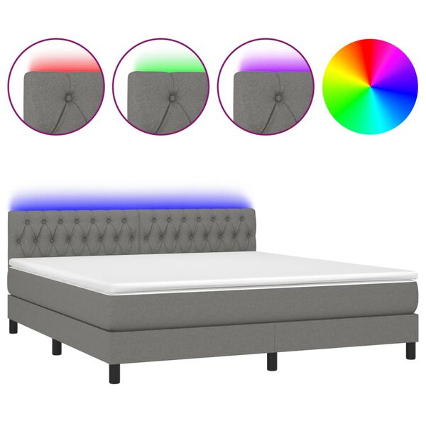 vidaXL Cama box spring colch&oacute;n y luces LED tela gris oscuro 180x200 cm