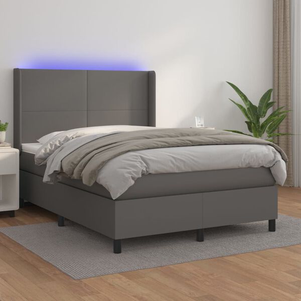 vidaXL Cama box spring colch&oacute;n y LED cuero sint&eacute;tico gris 140x190 cm