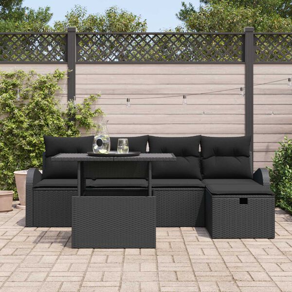 vidaXL Conjunto de sof&aacute; de jard&iacute;n con coj&iacute;n 6 pcs Negro Polirat&aacute;n