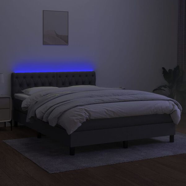 vidaXL Cama box spring colch&oacute;n y luces LED tela gris oscuro 140x190 cm