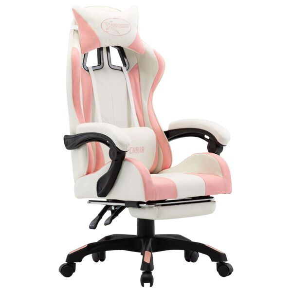 vidaXL Silla gaming con reposapiés cuero sintético rosa y blanco