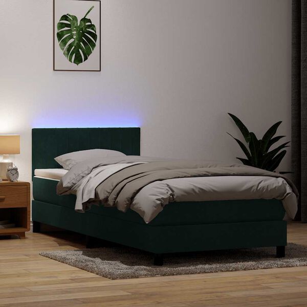 vidaXL Cama box spring con colch&oacute;n y LED terciopelo verde oscuro 90x220 cm