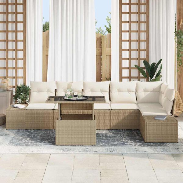 vidaXL Conjunto de sof&aacute; de jard&iacute;n 7 pcs Beige Polirat&aacute;n